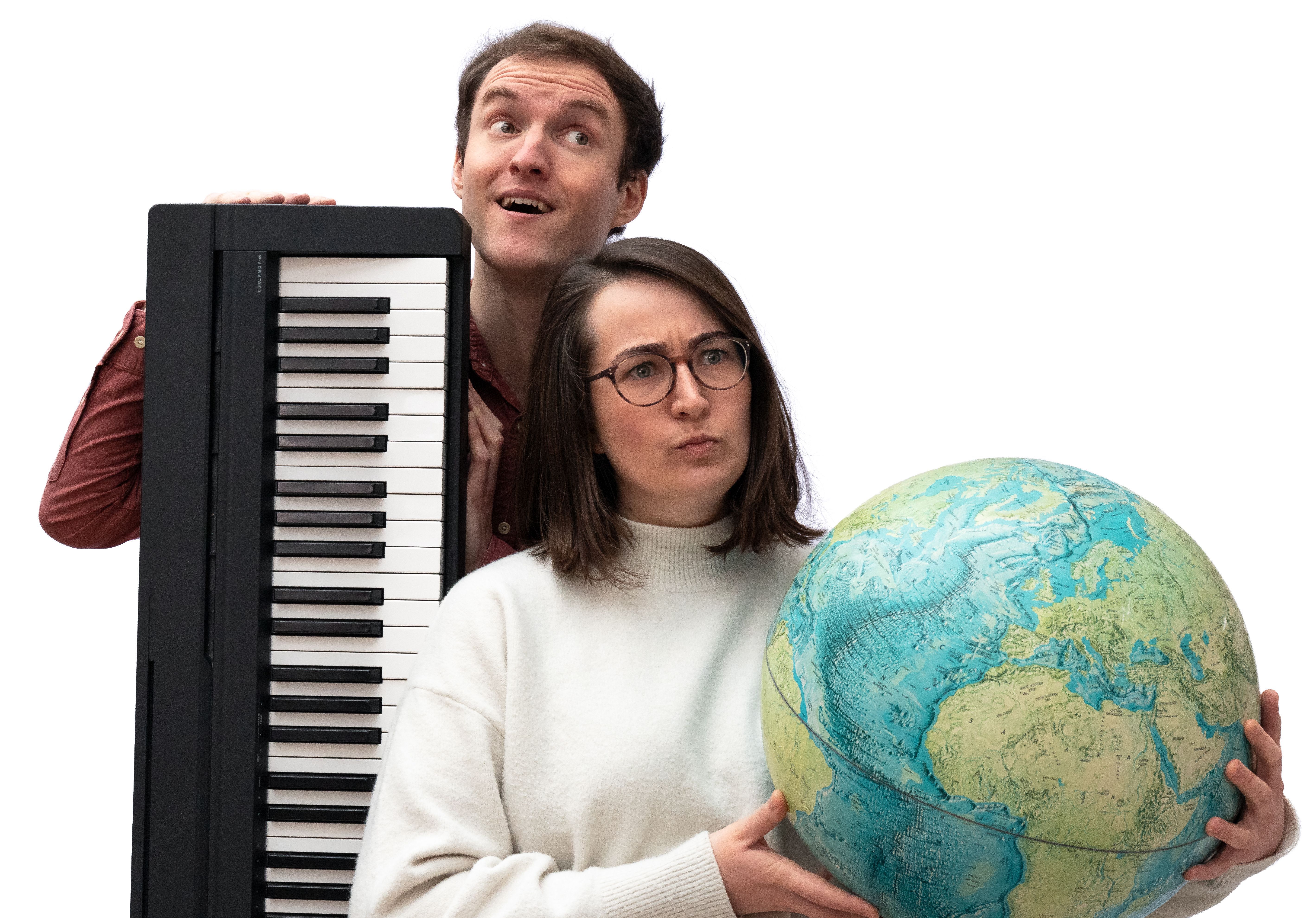 man holind a keyboard woman holding a globe